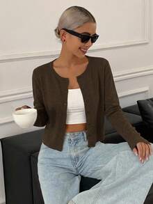DAZY Women's Solid Color Round Neck Casual Front Button T-Shirt,Fall Clothes Preppy Tops Long Sleeve Women Tops - Coffee Brown - View 8