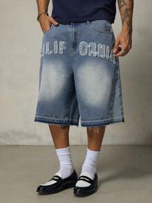 FRESIVO Pantalones de longitud media para hombre con lavado vintage, azul, patchwork, bordado y borlas - Azul - Ver 2