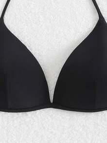 Swim Basics Summer Beach Solid Halter Triangle Bikini Top - Black - View 4