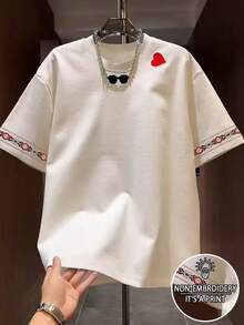 Manfinity Dauomo Men's Heart Print Casual Versatile Daily Wear Short Sleeve T-Shirt - White - View 1