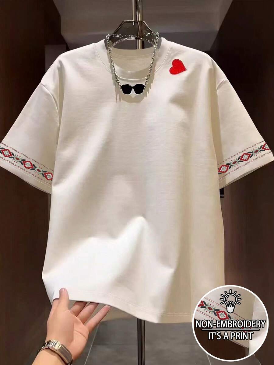 Manfinity Dauomo Men's Heart Print Casual Versatile Daily Wear Short Sleeve T-Shirt - White - View 1