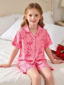 Girls' 2pcs Short Sleeve & Shorts Set, Pink Button-Up Cartoon Flamingo Print, Smooth Comfortable Minimalist Casual Loungewear For Summer - Pink - View 7
