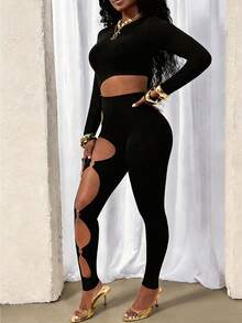 Glyssa 2026 Latest European American Style Sexy Hollow Metal Ring Fitted Jumpsuit Going Out Club Black Autumn - Black - View 3