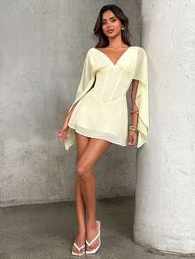 Aloruh Women's Deep V-Neck Cinched Waist Boning Umbrella Hem Mini Dress - Yellow - View 5