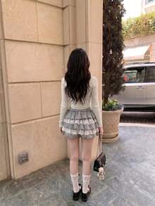 SHEIN MOD Summer Casual Knitted Shorts With Ruffle Trim And Lace Patchwork - Grey - View 5
