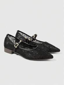 ROMWE Goth Pointed Mesh Yarn Breathable Mesh Surface Low Vamp Versatile Comfortable Fairy Black Flat Autumn Shoes - Black - View 5