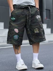 Manfinity EMRG 男士街頭風休閒多口袋迷彩牛仔工裝短褲 - 軍綠色 - 查看 6