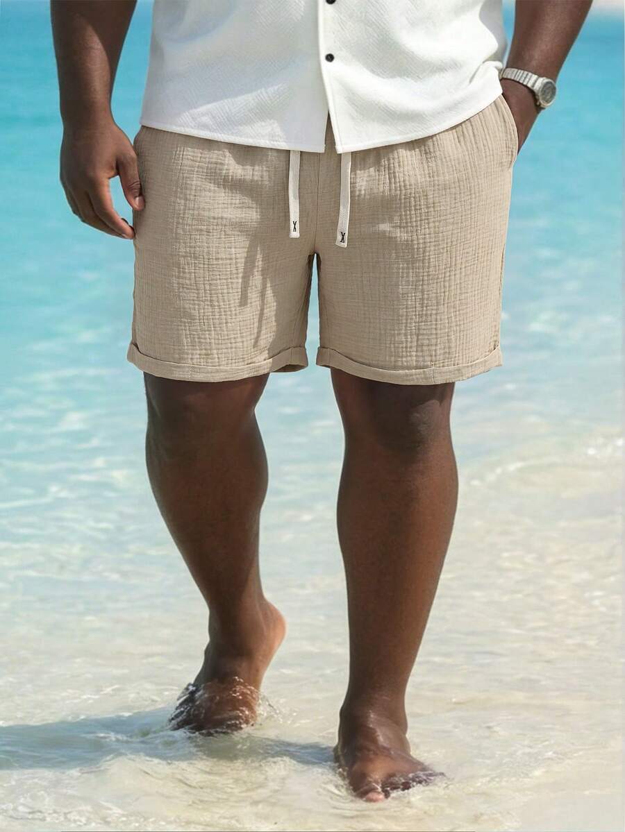 Manfinity Homme Plus Size Men's Drawstring Waist Casual Versatile Daily Wear Shorts, Holiday - Khaki - View 1