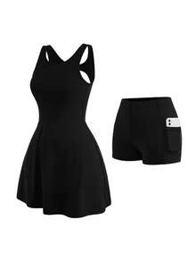 Cheerettes Women's Solid Black Minimalist Pleated Athleisure Sports Dress And Shorts Set, All Season Athletic Modest Style For Gym Tennis Workout & Going Out - Black - View 3