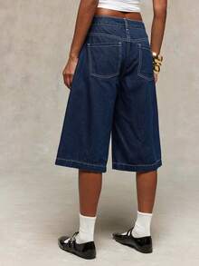 Normani Women's Raw Denim Bermuda Shorts, Low-Rise Wide-Leg Shorts, Casual Summer Style, Back To School , Preppy Style - Medium Wash - View 3