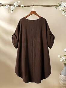 Linhara Plus Size Women's Round Neck Casual Cotton Solid Color Short Sleeve Comfortable Design Plus Size Blouse, Suitable For Daily Commute Wear, Spring/Summer - Brown - View 2