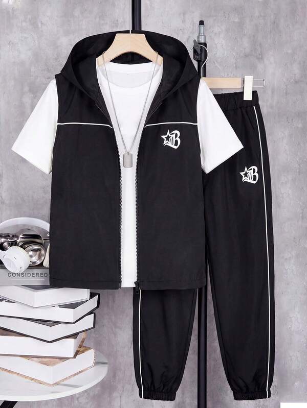 Conjunto casual de 3 piezas para adolescentes: chaleco negro, camiseta blanca pura y pantalones largos negros para niño