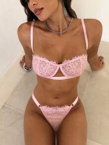 Aloruh 2pcs Lace & Rhinestone Sexy Women's Lingerie Set - Pink - View 4