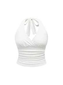 ROMWE Grunge Punk Spring/Summer Carnival Party Casual White Plus Size Leopard Print Ruched Waist Halter Neck Tank Top - White - View 1