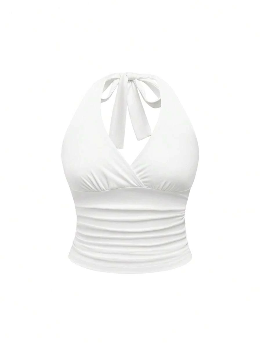 ROMWE Grunge Punk Spring/Summer Carnival Party Casual White Plus Size Leopard Print Ruched Waist Halter Neck Tank Top - White - View 1