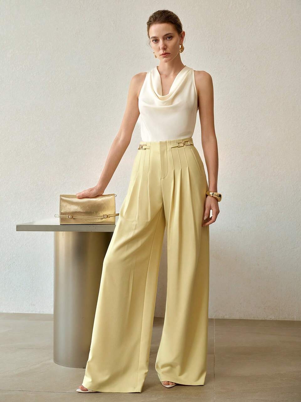 FOLDED PLEATED WIDE LEG LONG PANTS