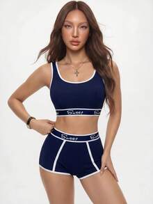 Rina Fox Set de lencería deportiva con sujetador de bloques de color y ribete de contraste y boxers cortos para yoga - Azul - Ver 7