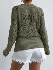 EURMUSE Solid Raglan Sleeve Pointelle Knit Sweater - Mint Green - View 2