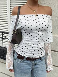 SHEIN EZwear 女款優雅小巧白色修身削肩上衣，對比蕾絲喇叭袖貼身上衣，透氣舒適，適合咖啡廳散步與日常雜事 - 白色 - 查看 6