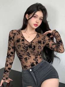DAZY 夏季花卉植絨網紗棕色蕾絲女款修身優雅透視長袖上衣，適合婚禮、宴會、派對 - 棕色 - 查看 3