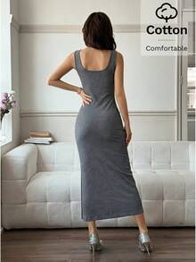 Feyla 女款素色休閒百搭方領側開衩裙 - 深灰色 - 查看 9