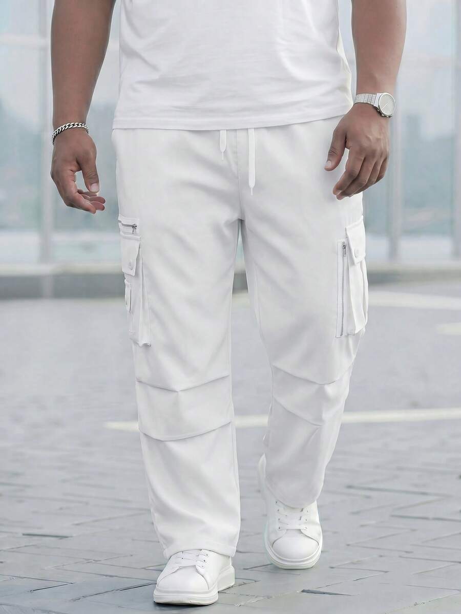 Manfinity Homme 大码男士纯色直筒休闲工装裤,百搭,秋季 - 白色 - 查看 1