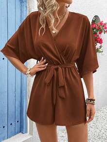 Vivid Eden Women's Summer V-Neck Criss-Cross Wrap Waist Tie-Up Textured Fabric Lace Trim Casual Vacation Romper - Brown - View 3