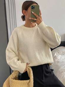 DAZY 女款拼色長毛鬆款套頭毛衣 校園秋季款 - 杏色 - 查看 2