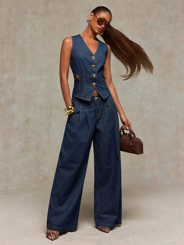 Normani Summer Festival Party  Prom Graduation Prom Casual Vacation Country Y2k Women's V-Neck Metal Single-Breasted Vest And Wide-Leg Pants Casual Denim Set