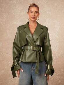 Lumalex Chaqueta casual de manga larga raglán de cuero PU de unicolor para mujer - Verde Oliva - Ver 1