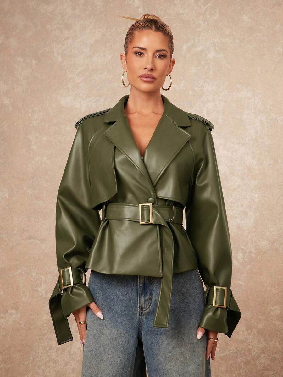 Lumalex Chaqueta casual de manga larga raglán de cuero PU de unicolor para mujer - Verde Oliva - Ver 1