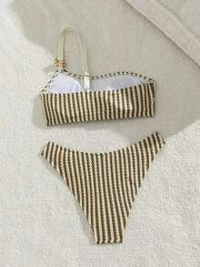 Swim Mod Ladies' Spring/Summer Beach Vacation Music Festival White Knitted Jacquard One Shoulder Metal Jewelry Fashion And Elegant Coastal Sexy Bikini Set - Multicolor - View 2