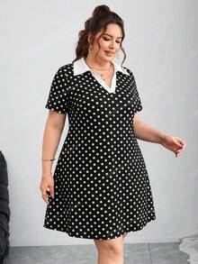 SHEIN CURVE+ 大尺碼拼色翻領短袖休閒1920年代風洋裝，度假款，2026秋冬 22W - 黑與白 - 查看 6