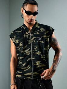 ROMWE MEN Street Life Men's Zipper Placket Letter Print Casual Camouflage Tank Top - Multicolor - View 6