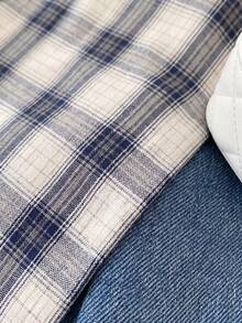 Comfortcana Women's Elegant Retro Vintage 70s Casual Plaid Print Contrast Cuff Button Down Shirt Autumn Layering Top School Teacher Elementary Navy Blue And White - Blue and White - View 5