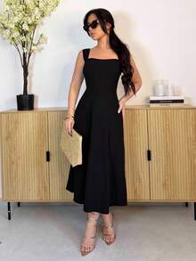 Vassilux Women's Vintage Black Fishbone Pattern Asymmetric Shoulder Dress Elegant Summer - Black - View 1