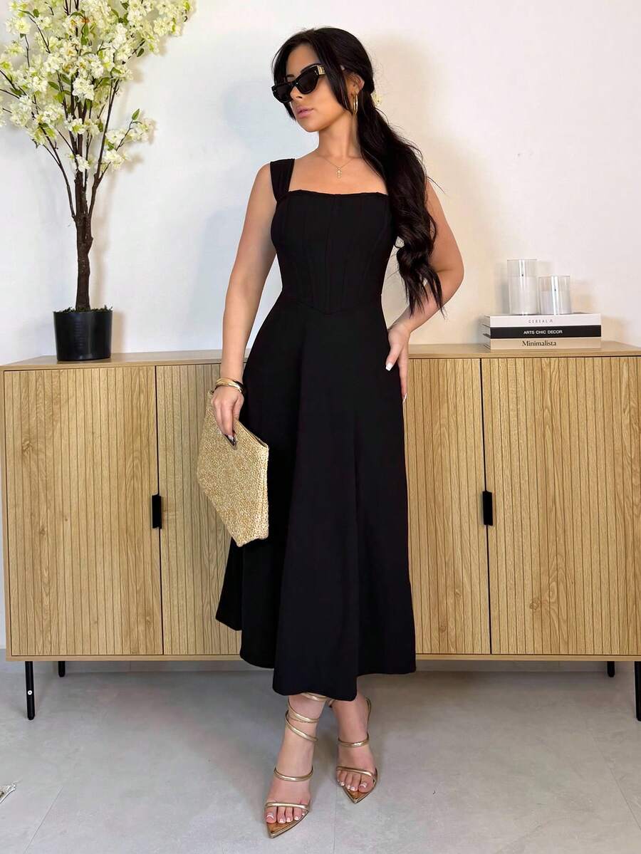 Vassilux Women's Vintage Black Fishbone Pattern Asymmetric Shoulder Dress Elegant Summer - Black - View 1