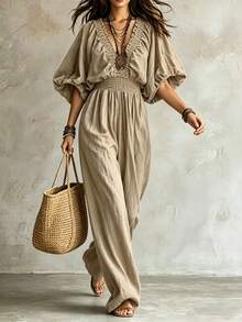 SHEIN Holidaya Ropa de verano, mono con mangas abullonadas fruncidas, cintura fruncida, cuello fruncido, cintura ceñida, pierna ancha, mono marrón, atuendo de vacaciones de verano, adecuado para vacaciones, top elegante, atuendo para salir, atuendo de playa para mujer, top elegante para mujer, atuendo de playa, adecuado para vacaciones, atuendo para salir, atuendo de vacaciones, atuendo de oficina para mujer, oficina de negocios - Caqui - Ver 6
