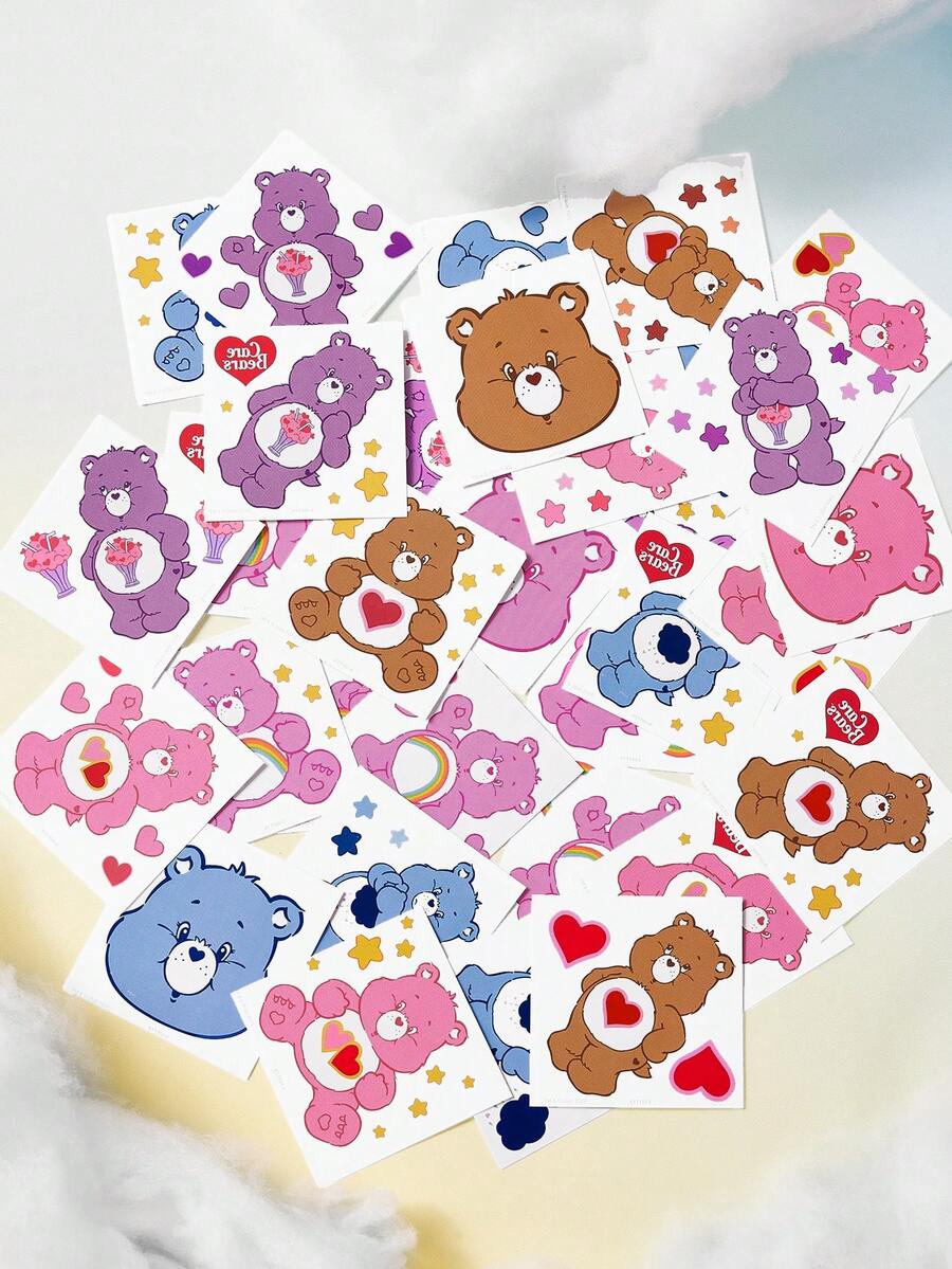 SHEIN X Care Bears 防水愛心熊臨時紋身貼紙,35張隨機款式,適合成人,派對、海灘與假期皮膚裝飾首選 - 彩色 - 查看 1