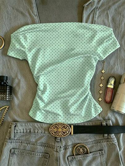 IslaSuriya Women's Polka Dot Ruched Slim Fit Versatile Daily Casual T-Shirt