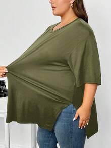 SHEIN CURVE+ Plus Size Women's Solid Color Round Neck Drop Shoulder Loose Casual T-Shirt Club Formal Army Green Summer - Army Green - View 3