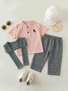 SHEIN Unisex Baby Boy/Girl Baby Boy 3pcs Spring/Summer Casual Fashion Pink Polo Shirt And Grey Plaid Long Pants And Shawl Set, Baby Boy Outfit Sets, Baby Boy Summer Clothes, Squishy, Vintage - Pink - View 4