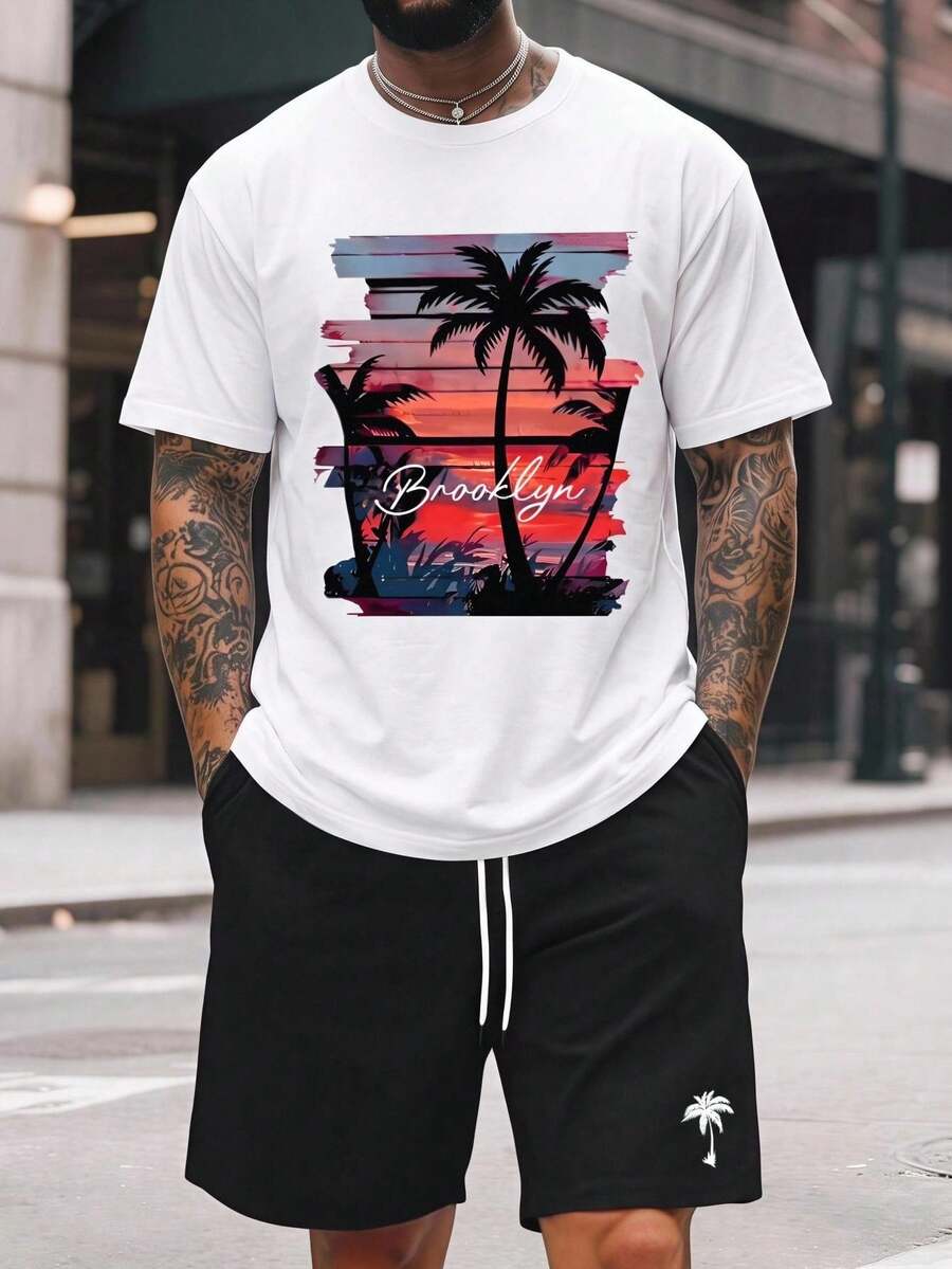 Manfinity Roughcore Plus Size Men's T-Shirt Set, Sunset Coconut Tree Holiday Pattern - Multicolor - View 1