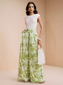Breezaya Women's Woven Casual Hawaiian Cute Floral Wide Leg Pants Vacation Beach Green And White Autumn - Multicolor - View 3