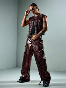 ROMWE MEN Street Life Men's Summer Casual Animal Texture Zipper Vest - Burgundy - View 3