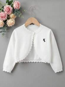 SHEIN 女童白色小開襟衫，附小標誌刺繡與荷葉邊飾，可搭配裙子/公主裙，百搭小外套 - 白色 - View 8