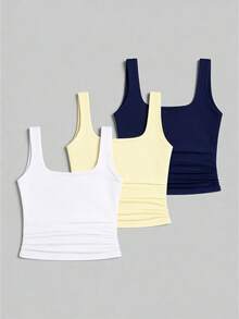 3pcs Solid Color Square Neck Pleated Tank Tops For Teen GirlSlim Fit Flattering Camisole Undershirt, Versatile Base Layer For Middle And High School Students, Waist-Defining Design, Wearable As Outerwear Or Inner Layer, Multi-Color Combination - Multicolor - View 2