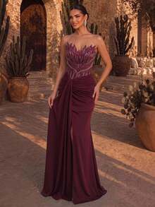 Glamrae Women's Strapless Colorblock Pleated Elegant Formal Vow Waist-Cinching Evening Prom Party Dress Wedding Burgundy Summer - Red - View 8