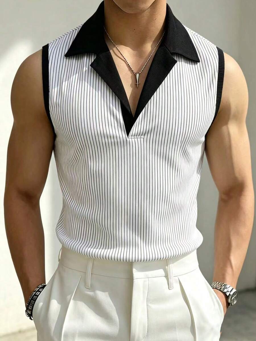 Manfinity Dauomo Men's Striped Colorblock Casual Tank Top - Black and White - View 1
