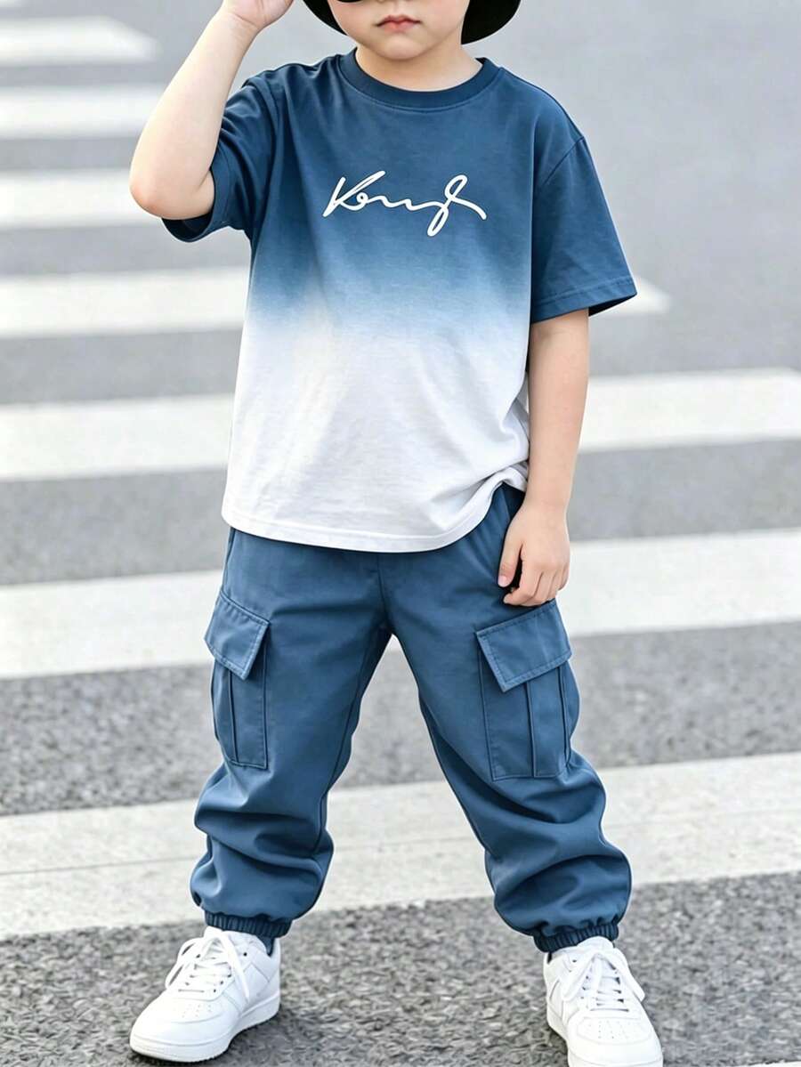 小男孩時尚圓領短袖T恤與長褲套裝,酷炫英文字母與漸層圖案設計,適合假期聚會與派對,春夏秋季,舒適休閒,小男孩夏季首選,時尚休閒套裝2件組,春夏秋街頭穿搭,外出休閒穿著,返校派對,適用 - 彩色 - 查看 1